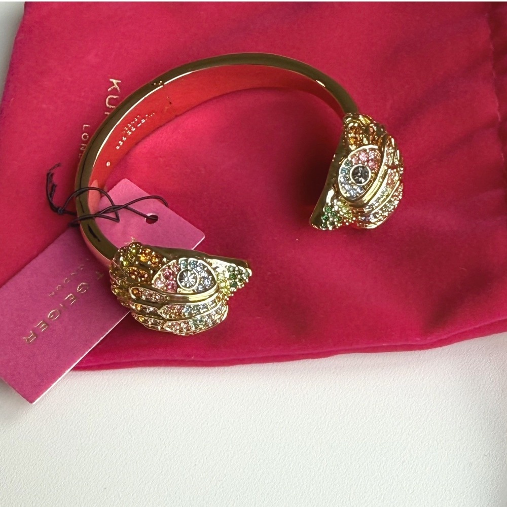 NWT Kurt Geiger Rainbow Crystal Eagle Hinged Bangle Gold Tone Cuff Bracelet - Picture 2 of 10